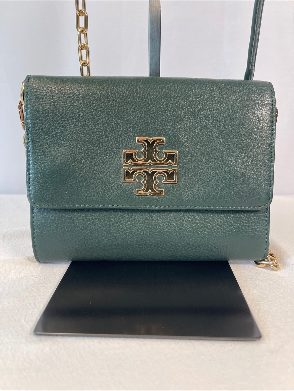 Tory Burch Britten Chain Wallet Crossbody Pebbled Leather Green Gold